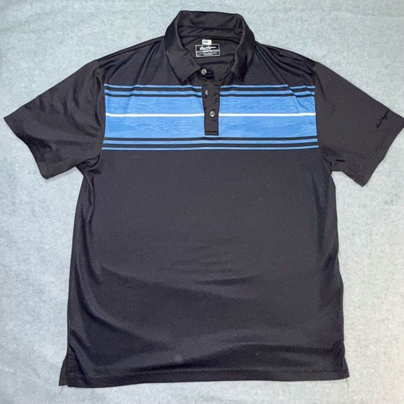 Ben Hogan Performance Polo Shirt Mens Medium Black Blue Striped Short Sleeve - Picture 1 of 5